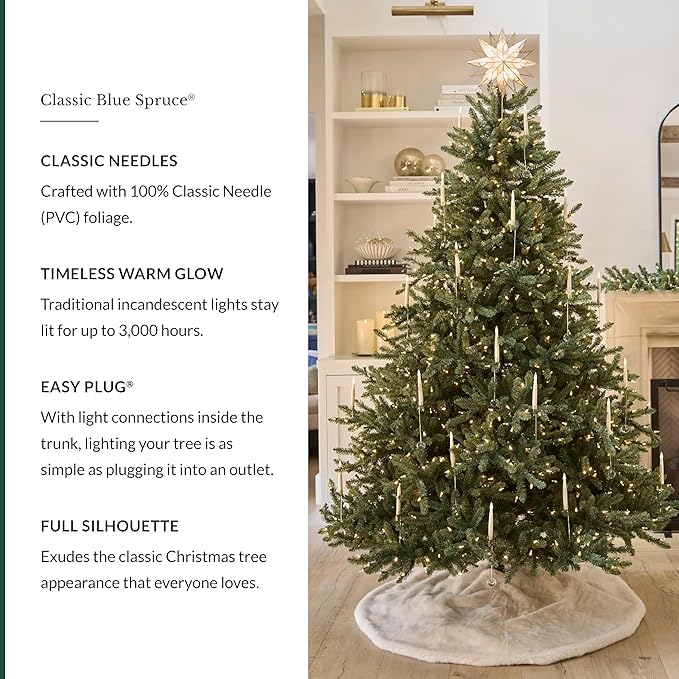 Balsam Hill 6.5ft Pre-Lit Classic Blue Spruce - Artificial Christmas Tree with 2144+ Tips, 700 Clear Incandescent Lights, Easy Plug Technology & Premium Stand for Indoor Holiday Decorating
