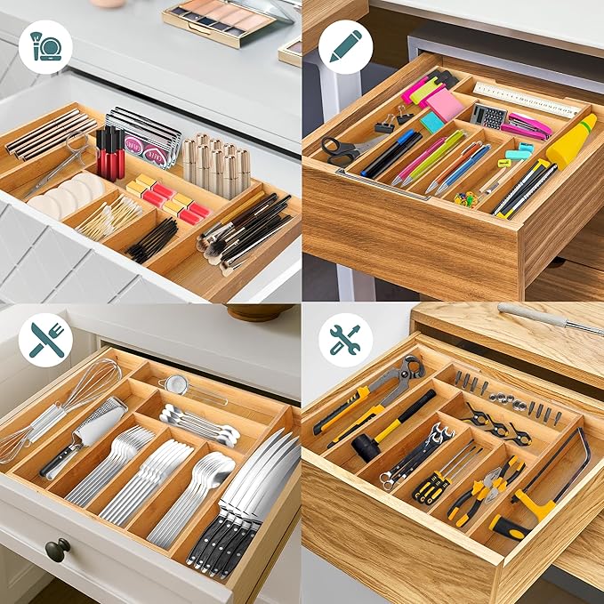 Sben Expandable Drawer Organizer for Utensils Holder, Adjustable Cutlery Tray, 6-8 Slots, Premium Wood Drawer Dividers Organizer for Silverware, Flatware, Knives for Kitchen (Bamboo)
