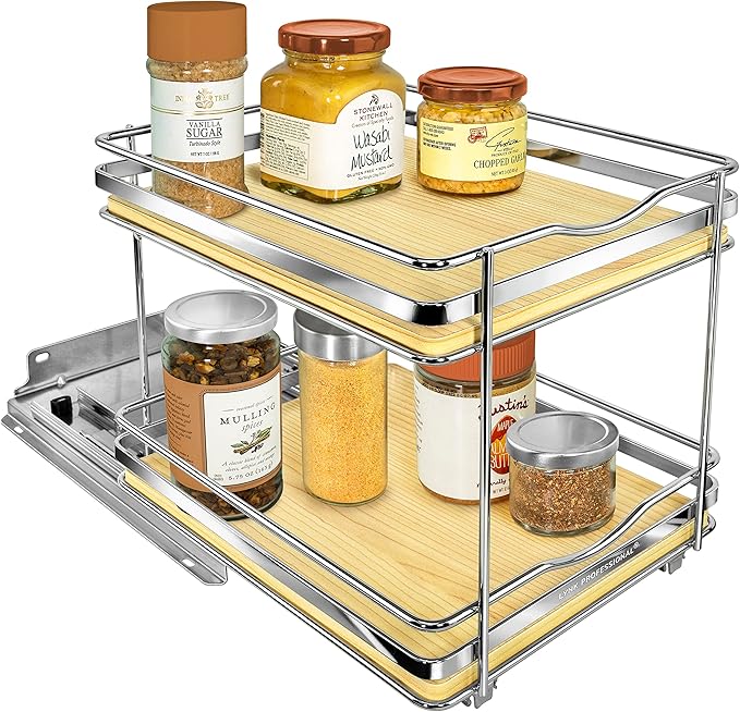 LYNK PROFESSIONAL® Élite™ Pull Out Spice Rack Organizer for Inside Kitchen Cabinets - 8-3/8 inch Wide - Slide Out Drawer – Wood/Chrome Sliding Spice Cabinet Organization Shelf Racks - 2 Tier