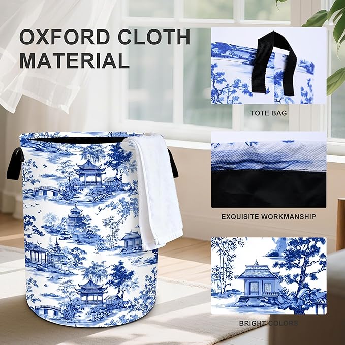Chinoiserie Laundry Basket Storage Bin Foldable Laundry Hamper Clothes Storage Bucket Organizer 19.6x15.7 Inch For Laundry Room/Bedroom/Bathroom