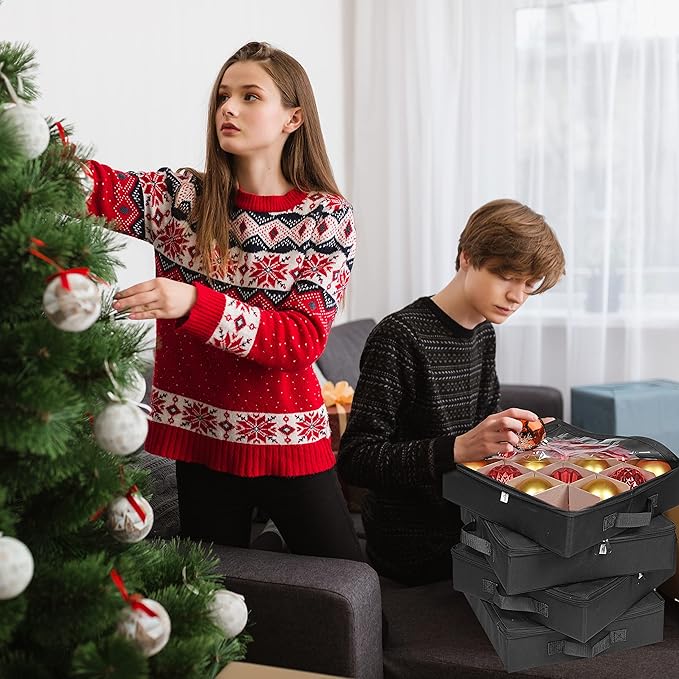 ProPik 4 Pcs Christmas Ornament Storage Boxes with Dividers | 4 Individual Trays Hold 64 Holiday Decoration Balls | Durable Ornaments Organizer Storage Box | Zippered Closure with Handles (Black)