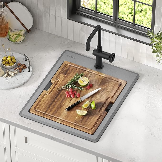 KRAUS Bellucci 18-inch Granite Workstation Drop In Top Mount Single Bowl Kitchen Sink in Metallic Grey with Accessories, KGTW12-18MGR