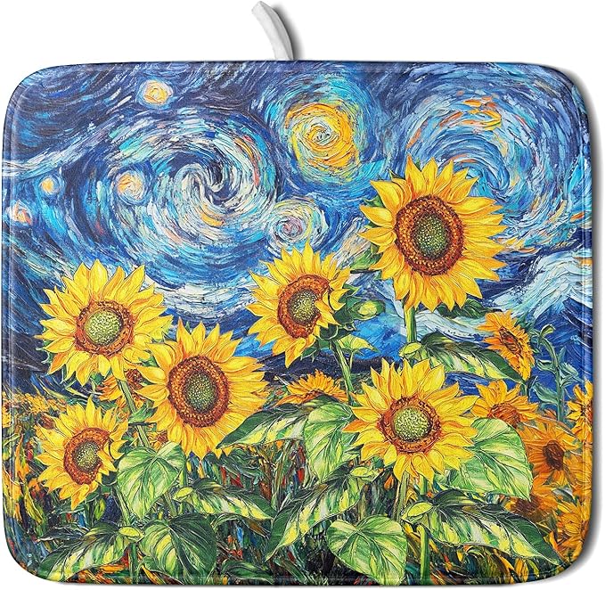 Sunflower Dish Drying Mat for Kitchen Counter 18x16 Inch Starry Night Drying Mat with Absorbent Reversible Microfiber Farmhouse Floral Dish Drainer Mats Rack Pad for Coffee Countertop Protector
