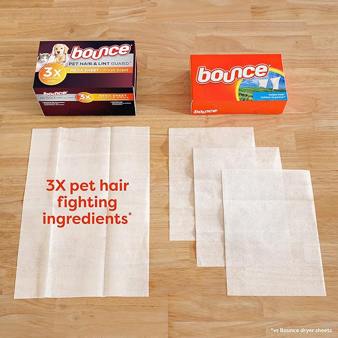 Bounce Pet Hair and Lint Guard Mega Dryer Sheets with 3X Pet Hair Fighters, Fresh Scent, 130 Count