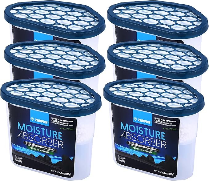 ZARPAX Moisture Absorber Activated Charcoal 10.5 oz/300g | Removes Moisture, Damp, Humidity & Odors | Odor Absorber | Moisture Trap for Bathroom, Closet, Kitchen & Small Spaces | Set of 6