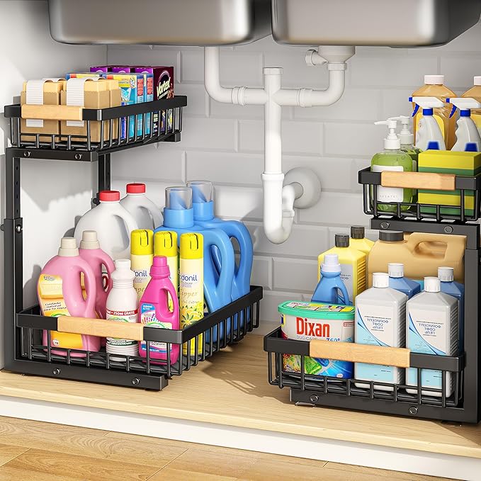 PXRACK(Small Version)2 Pack Under Sink Organizer,Adjustable Height,2 Tier Pull Out Under Cabinet Organizer,Slide Out Thickened Metal Storage Shelf for Kitchen Bathroom Laundry Pantry Cabinet,Black