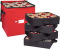 Primode Christmas Ornament Storage Box, 4 Individual Trays Xmas Storage Container, Fits 64 Ornaments Decoration Balls, Constructed of Durable Polyester Material (Red)