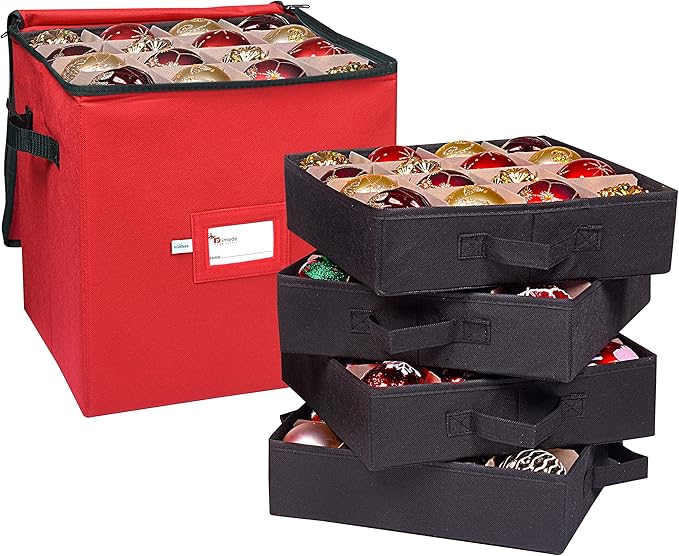 Primode Christmas Ornament Storage Box, 4 Individual Trays Xmas Storage Container, Fits 64 Ornaments Decoration Balls, Constructed of Durable Polyester Material (Red)