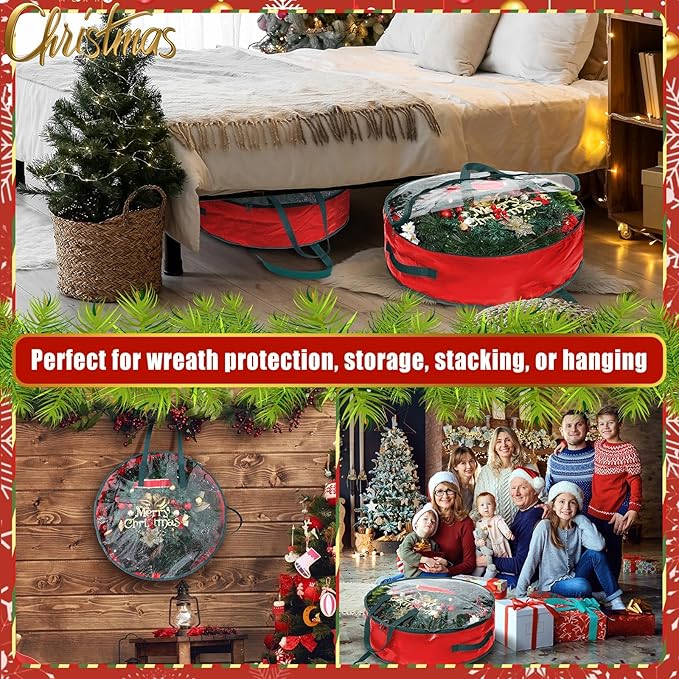 Shappy 6 Pcs Christmas Wreath Storage Bag Plastic Storage Containers for Wreaths Container Christmas Decorative Xmas Plastic Bag Holder Handles Dual Zipper Holiday Wrapping (30 x 7 Inch)