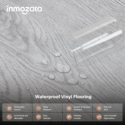 Peel and Stick Floor Tile, INMOZATA Self Adhesive Vinyl Plank Flooring Tile Wood Grain Look 36-Pack 54 Sq.Ft Waterproof Tile Sticker for Bedroom, Living Room, Kitchen, RV (Light Gray)