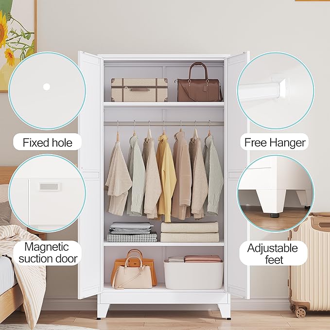 71 "Metal Armoire Wardrobe Closet, Steel Clothing Storage Cabinet with Adjustable Shelves and Hanging Rod, Household Steel Wardrobe Storage Cabinet with Adjustable Standing feet (White)