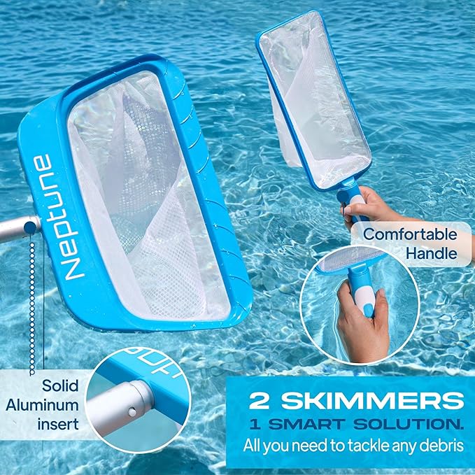 The Skimmie Neptune Net & Swim-N-Scoop Fine Mesh Pool Skimmer Nets Deep-Bag Leaf Rakes for Pools, Spas, Fountains & Cold Plunges Handheld Skimmers for Surface and Floor Cleaning. *Pole NOT Included