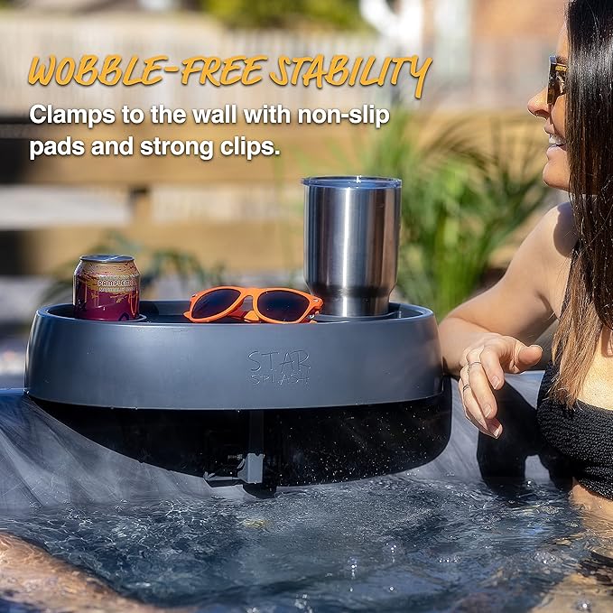 STAR SPLASH Adjustable Hot Tub Table Tray – Heavy-Duty, Nonslip Drink Caddy with Cup Holders - Clamps to Side of Aboveground Bathtub, Spa – Outdoor Patio Accessories and Supplies, 17x10x4 in.