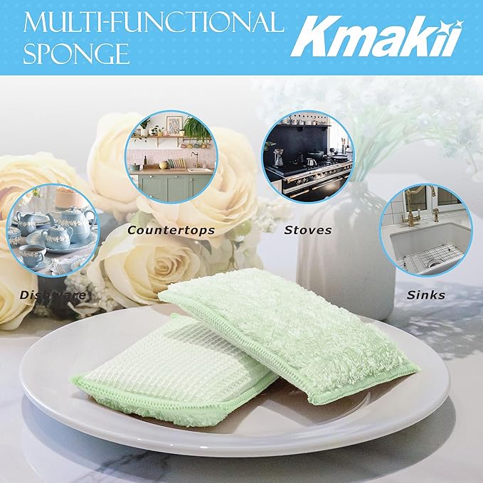 KMAKII Bamboo Kitchen Sponges Dish Sponge Super Absorbent Natural Dish Sponges, Green, Pack of 6