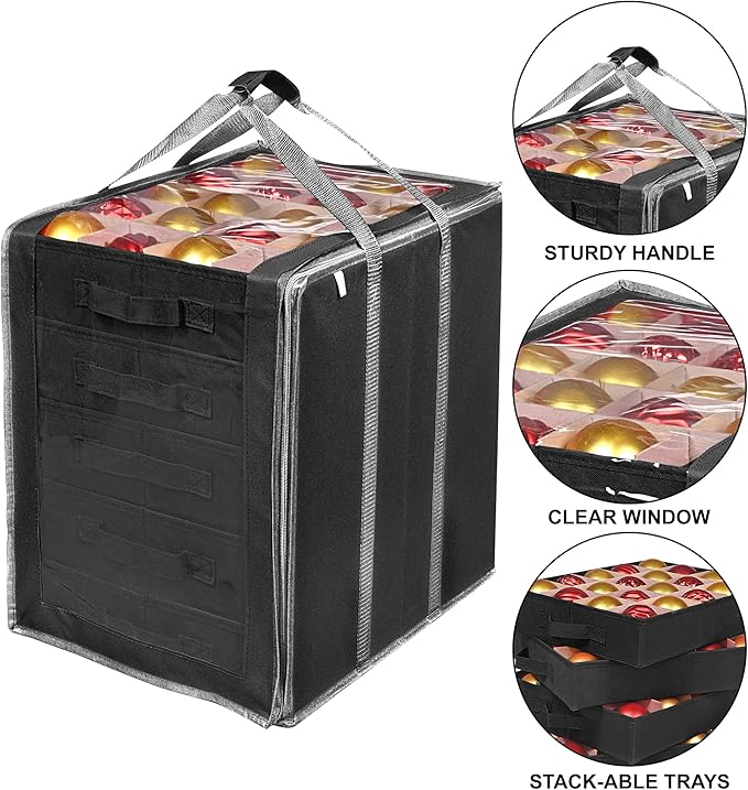 ProPik Christmas Ornament Storage Boxes with Dividers - 5 Separate Trays - Ornament Holder - Keeps 100 Holiday Ornaments - Durable Carrying Bag Handles Organizer Storage Box (Black)
