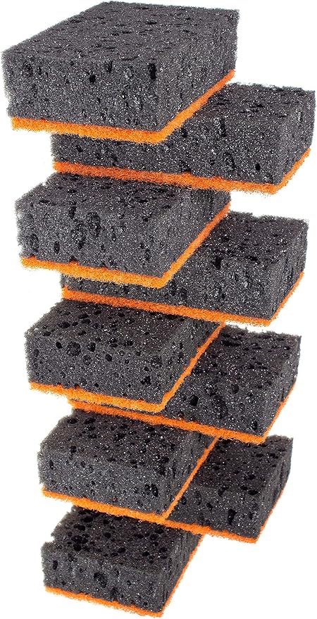 Okleen Black & Orange Multi Use Scrub Sponges. Made in Europe. 9 Pack, 4.3x2.8x1.4 inches. Heavy Duty and Non Scratch Fiber. Odorless Durable and Delicate Scrubber. Halloween Edition