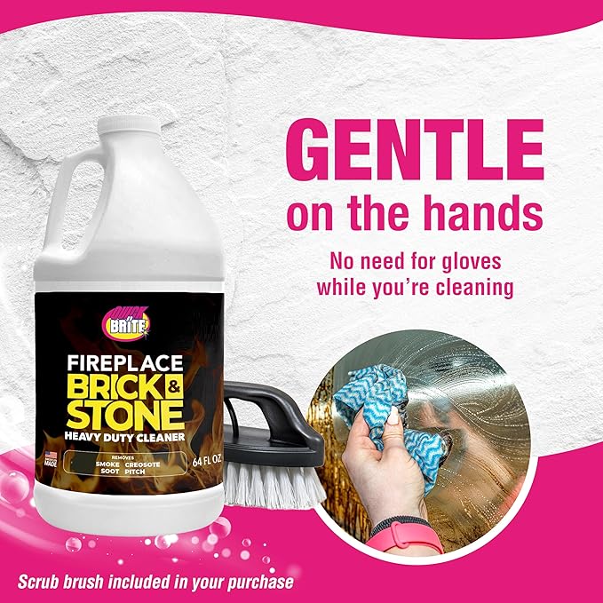 Quick 'n Brite Fireplace Brick and Stone Cleaner 64oz - Natural Stone, Tile, and Marble Cleaner with Scrub Brush - Indoor Fireplace and Wood Stove Cleaning Kit - Pellet Stove Creosote Remover