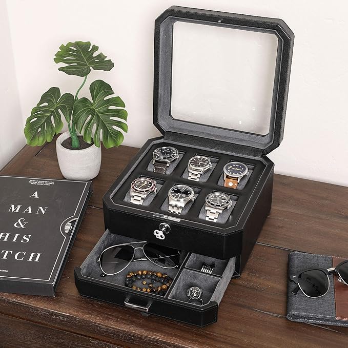 ROTHWELL Gift Set 6 Slot Leather Watch Box and 2 Watch Travel Case - Luxury Case Organizer, Microsuede Liner, Locking Mens Jewelry Watches Holder, Storage Boxes Glass Top (Black/Grey Gift Set)
