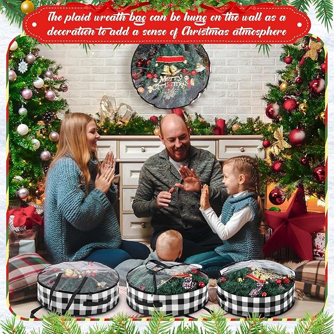 Shappy 4 Pcs Christmas Wreath Storage Bag Wreath Storage Container with Clear Window Plaid Wreath Storage Box with Handles for Storing Garland Holiday Wreath Wrapping(24 Inch,White Black)