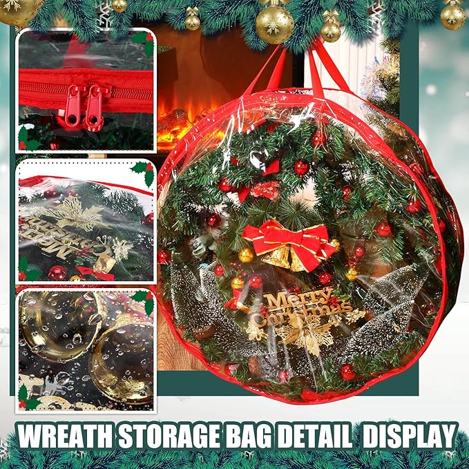 Shappy 6 Pieces Christmas Wreath Storage Container 30 Inch Wreath Plastic Storage Bags with Dual Zippers and Handles for Xmas Thanksgiving Holiday Artificial (Clear,Red)