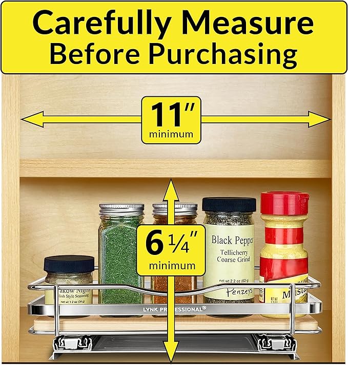 LYNK PROFESSIONAL® Élite™ Pull Out Spice Rack Organizer for Inside Kitchen Cabinets - 10-3/8 inch Wide - Slide Out Drawer – Wood/Chrome Sliding Spice Cabinet Organization Shelf Racks - 1 Tier