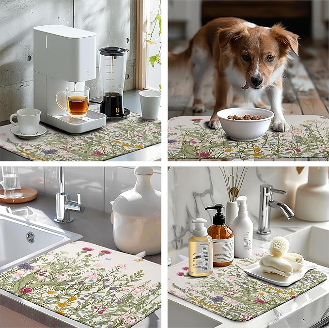 Wildflower Floral Dish Drying Mat for Kitchen Counter Vintage Rustic Flower Drying Mats Spring Summer Herb Plant Absorbent Microfiber Dishes Pad Washable Dish Draining Mat Extra Large 18"x24"