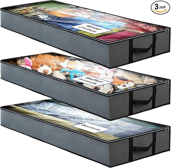 NeatNestly SmartCube Under Bed Storage Bags - 3 Pack Large 39" x 18" x 6" Gray Containers with Reinforced Handles, Foldable Underbed Storage Organizer for Clothing, Blankets & Shoes