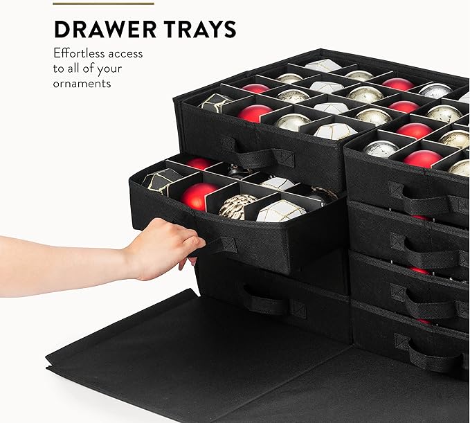 ZOBER Christmas Ornament Storage Box - Stores 128 3" Ornaments with Drawer Style Trays - Tear Proof 600D Oxford Fabric - Ornament Organizer Storage Box, Durable Christmas Containers Holder - Red