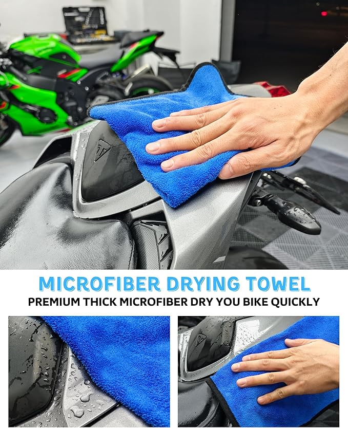 oesee Motorcycle Cleaning Brush Kit, Easy Reach Brush, Wool Wash Mitt, Stiff Tire Brush, Detailing Brush& Microfiber Towel for Motorcycle Mudguard, Rims, Paint, Exhaust