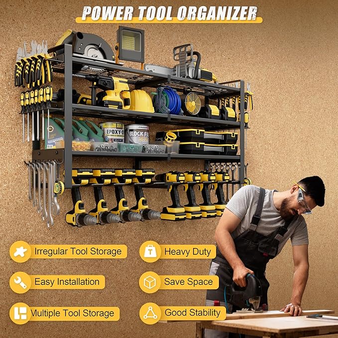 Power Tool Organizer Wall Mount, 4-Tier Tool Storage Rack with 8 Drill Holders, 400LBS Load Heavy Duty Cordless Tool Shelf for Garage Organization, Gift for Men