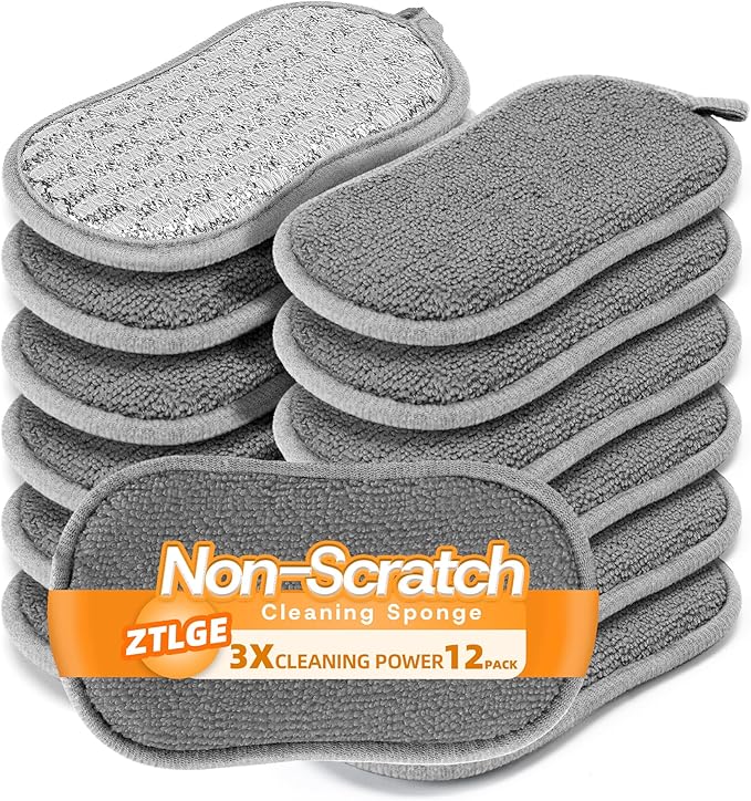 Multi-Purpose Scrub Kitchen Sponges – 12 Pack Dish Sponge, Dual-Sided Non-Scratch Microfiber & Metal Scrubber, Reusable Heavy Duty Sponges for Dishes, Pots, Glass, Sink, Stovetop & Bathroom