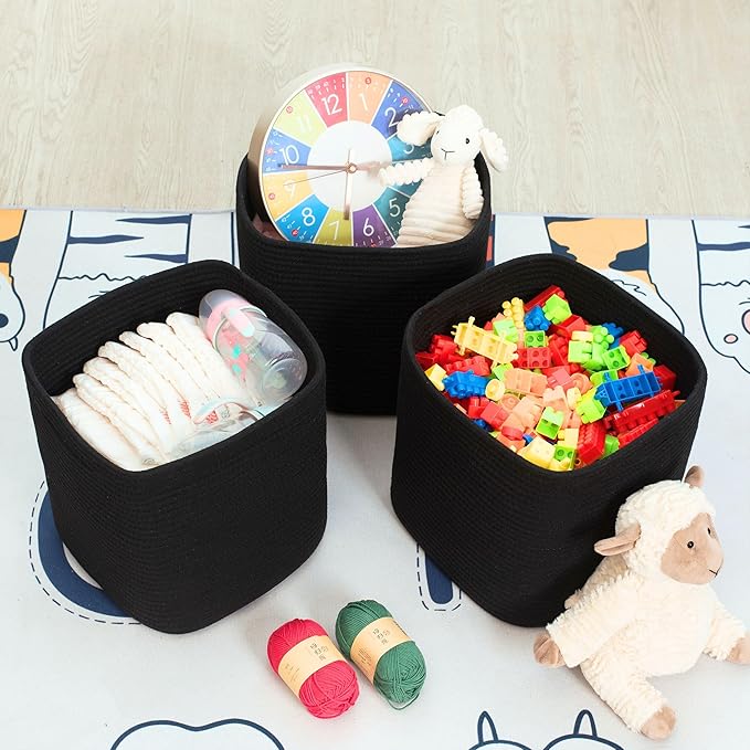 MINTWOOD Design 3-Pack 11x11 Inch Cube Storage Bin, Woven Organizer, Closet Cute Square Bins, Decorative Classroom Bathroom Pantry and Shelf Baskets, Full Black (MD-196)