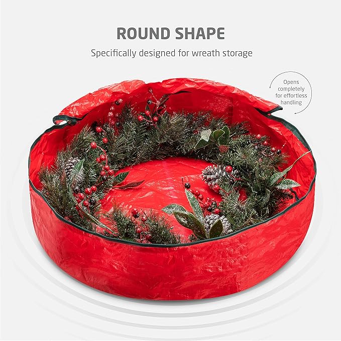 ZOBER Christmas Wreath Storage Container 30 Inch - Wreath Bag for Artificial Wreaths Box - Dual Zippered Wreaths Storage Bag with Strong Durable Handles - Red