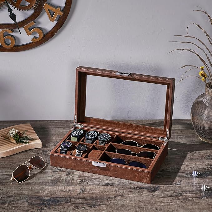 BEWISHOME Watch Box 6-Slot Watch Case and 3-Slots Sunglasses Box for Men, Sunglasses Storage with Large Glass Lid, Jewelry Box for Men Women Brown SSH18Z