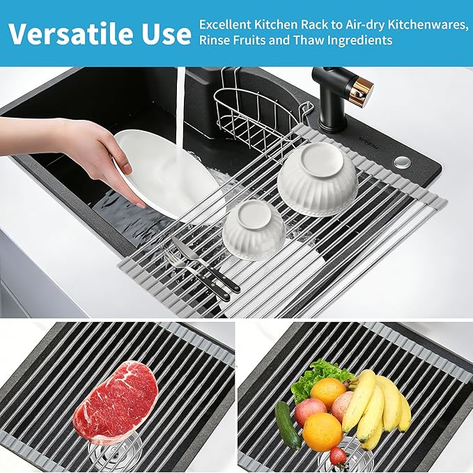 HAYAWEY Expandable Roll-UP Dish Drying Rack-Large 304 Stainless Steel Dish Drainer Over The Sink for Kitchen Countertop,Extendable & Rollable & Food Grade (Silver,22.08'x 13.2')
