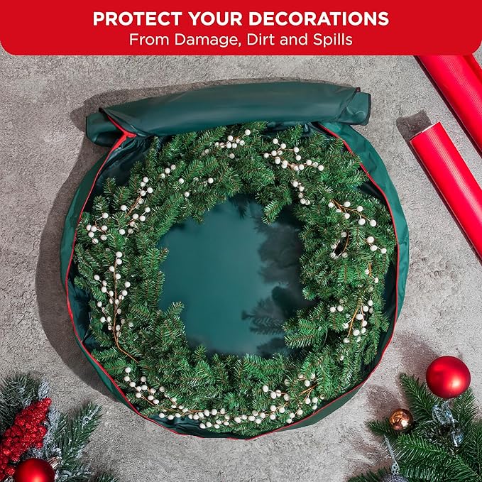 HOLDN’ STORAGE Premium Wreath Storage Bag - Durable Material - Waterproof - Heavy-duty Christmas Storage Container for Xmas Wreath with Dual Zipper Closure, Tear-proof, 48"W x 8"D - Green