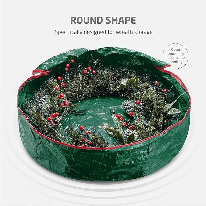 ZOBER Christmas Wreath Storage Container 30 Inch - Wreath Bag for Artificial Wreaths Box - Dual Zippered Wreaths Storage Bag with Strong Durable Handles - Green