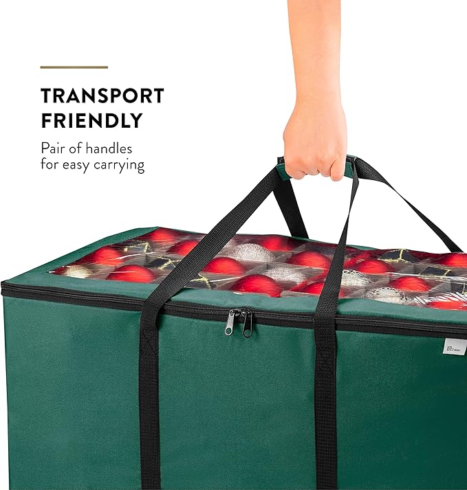 ZOBER Christmas Ornament Storage Box - Stores 200 3" Ornaments with Individual Trays - Tear Proof 600D Oxford Fabric - ornament organizer storage box, Durable Christmas Containers Holder - Green