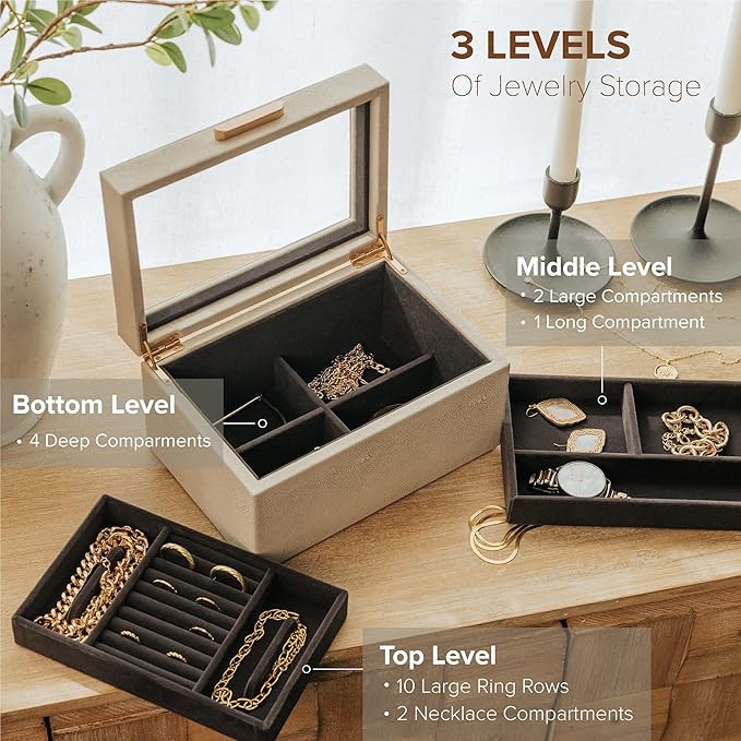 CASE ELEGANCE Monogrammed Petite 3 Tier Jewelry Box, Storage & Display Case for Bracelets Earrings Rings Necklaces, Accessory Organizer for Women, Shagreen Vegan Leather & Velvet Lined, Brass Hardware