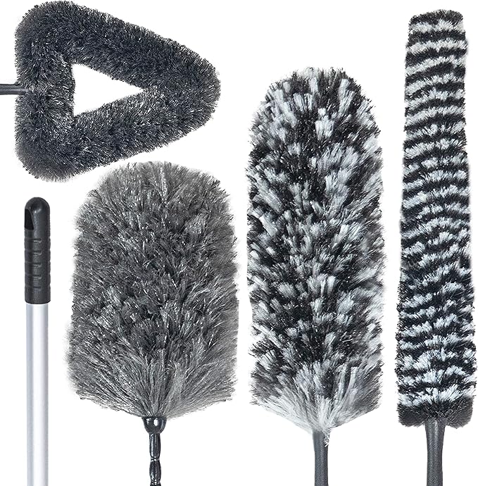 Rocktex Feather Duster Kit with 5.6ft Extension Pole, 4 Dusting Brush for Cleaning Home Wall Ceiling Fan Cobweb, Microfiber Static Washable Dusters, Black Dark Gray