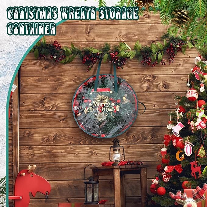 Shappy 4 Pcs Christmas Wreath Storage Bag Wreath Storage Container with Clear Window Plaid Box with Handles for Storing Garland Holiday Wrapping(Red,30 x 7 Inch)