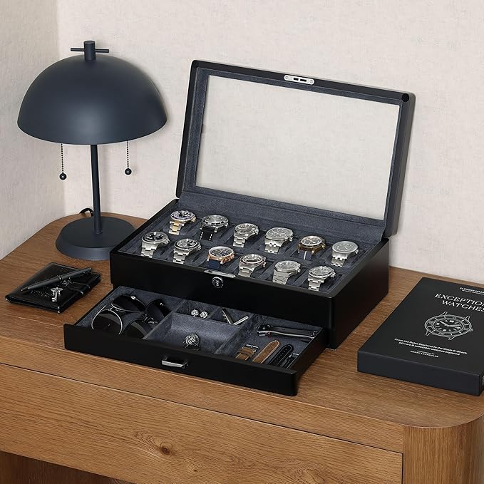 ROTHWELL 12-Slot Matte Black Watch Box with Valet Drawer - Premium Jewelry Display Case Organizer with Locking Glass Top and Microsuede Liner for Men & Women (Carbon Interior)