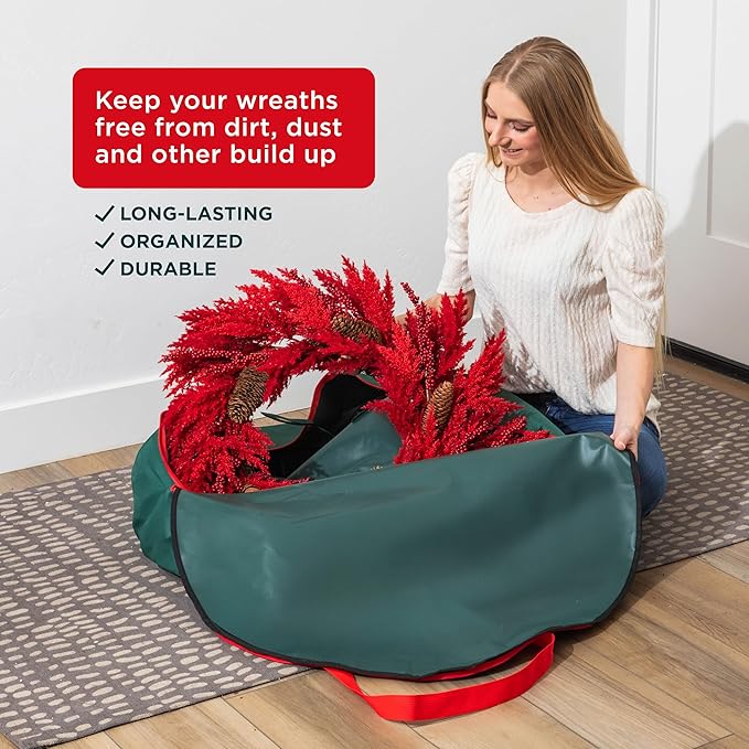 HOLDN’ STORAGE Premium Wreath Storage Bag - Durable Material - Waterproof - Heavy-duty Christmas Storage Container for Xmas Wreath with Dual Zipper Closure, Tear-proof, 30"W x 7.5"D - Green