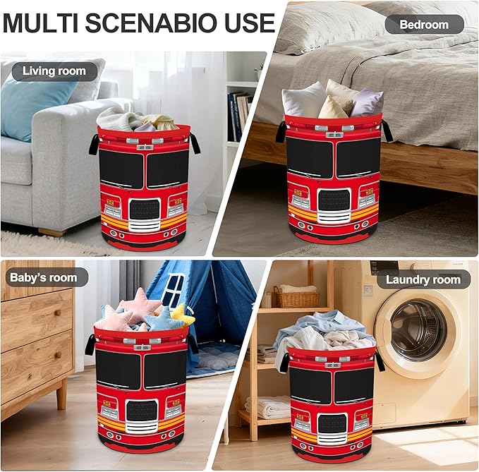 Fire Truck Laundry Basket Storage Bin Foldable Laundry Hamper Clothes Storage Bucket Organizer 19.6x15.7 Inch For Laundry Room/Bedroom/Bathroom