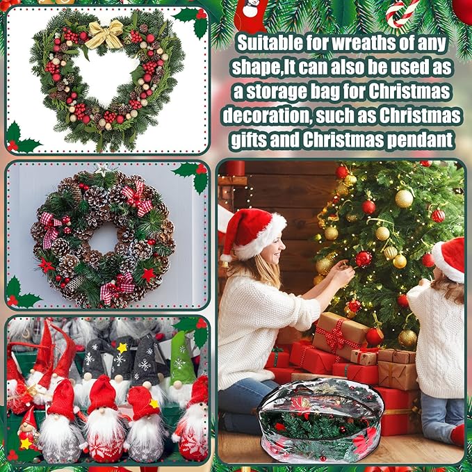 Shappy 4 Pieces Clear Christmas Wreath Storage Container 24 Inches Xmas Wreath Storage Bag Plastic Christmas Garland Container with Dual Zippers and Reinforced Handles for Xmas Seasonal (Black)
