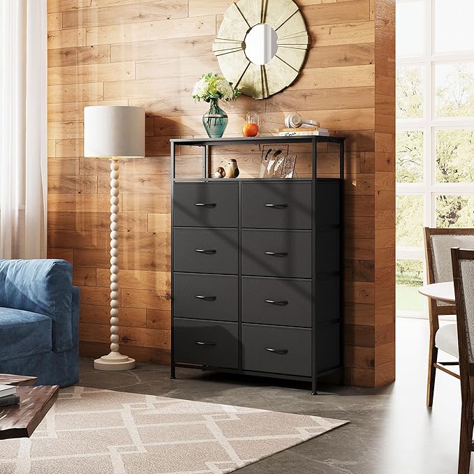 WLIVE Fabric Dresser for Bedroom with Open Shelves, Tall Black Dressers with 8 Drawers, Storage Tower with Fabric Bins, Chest of Drawers for Closet, Living Room, Hallway