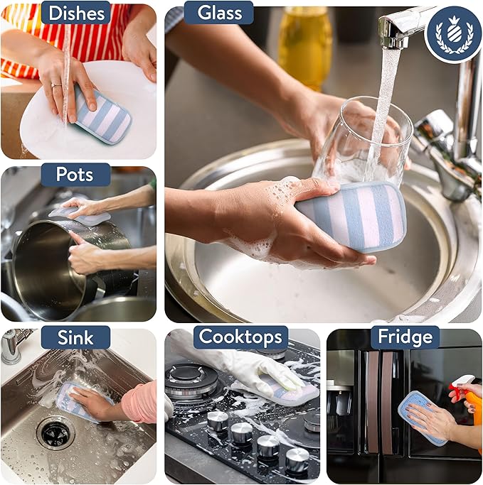 Simplified 5-Pack Scrub & Wipe 2-in-1 Dishwashing Sponges - Non-Abrasive Cleaning Sponges, Double-Sided - Safe for Dishes, Non-Stick Pans or Glassware, Absorbent Dish Sponges, Blue Stripe