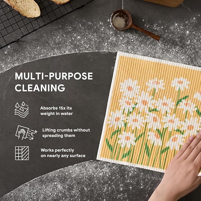 RECYCO Swedish Dishcloths for Kitchen | 4 Pack Oversized Washable Dish Rags | Large Cellulose Reusable Cleaning Paper Towels | Absorbent Counter Dish Cloth Sponge XL Kitchen Wipes, 12" L x 10" W