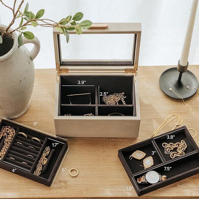 CASE ELEGANCE Petite 3 Tier Jewelry Box, Storage & Display Case for Bracelets Earrings Rings Necklaces, Accessory Organizer for Women Girls Wife, Shagreen Vegan Leather & Velvet Lined, Brass Hardware