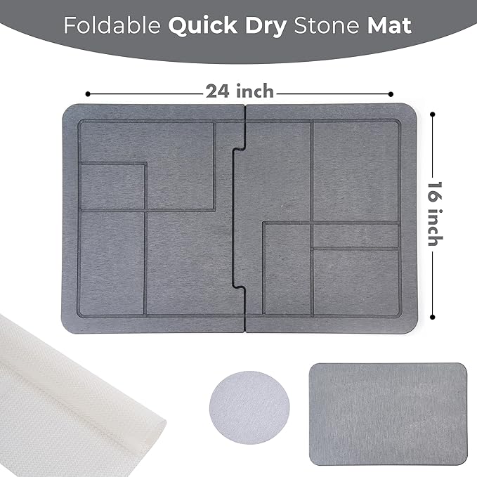 Large Stone Dish Drying Mat for Kitchen Counter, 2PCS Quick Dry Stone Dishes Mats, Detachable Water Absorbing Diatomaceous Earth Drying Pad for Bottles Dish Cups(Dark Gray 24"×16" & 8"x5")